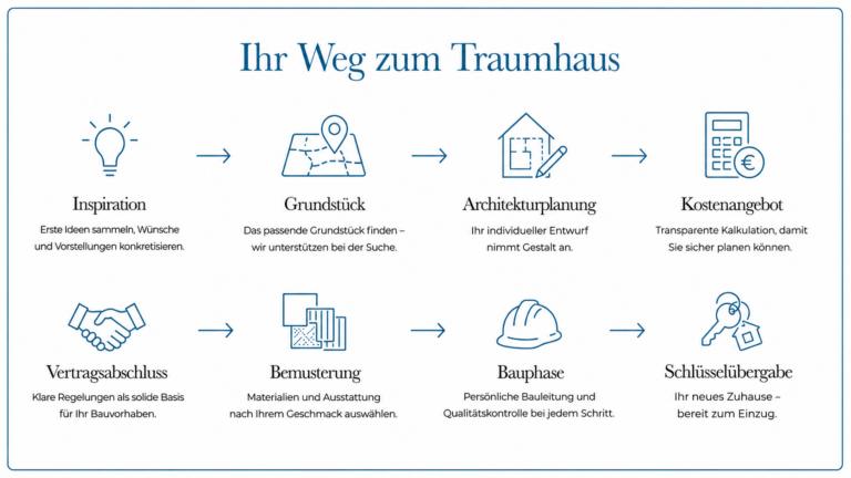 Infografik zum Ablauf beim Hausbau mit dem Bauträger Köster: Von der Inspiration über Grundstück, Architekturplanung, Kostenangebot, Vertragsabschluss, Bemusterung und Bauphase bis zur Schlüsselübergabe des Traumhauses.